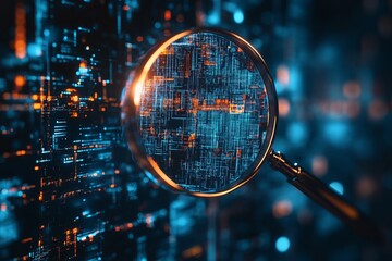 Poster - A magnifying glass highlights an abstract digital data visualization, showcasing intricate lines and glowing elements in blue and orange, representing technology and analysis.