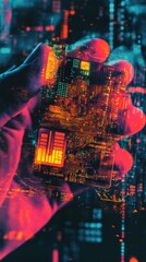 Poster - Futuristic Hand Holding Vibrant Digital Device Illuminated with Neon Colors in a High-Tech Environment