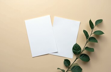 Poster - Two blank white papers with plant branch flat lay on beige background. Empty sheets for message, design, photo. Mockup template for business card or branding presentation. Copy space.
