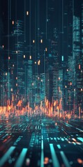 Poster - futuristic digital cityscape with vibrant neon lights and abstract data patterns at night