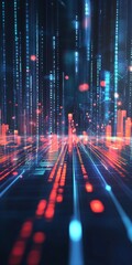 Poster - Vibrant Digital Data Landscape with Glowing Neon Lines and Abstract Connections in Motion