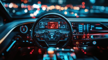 Futuristic Car Interior Dashboard With Illuminated Digital Displays