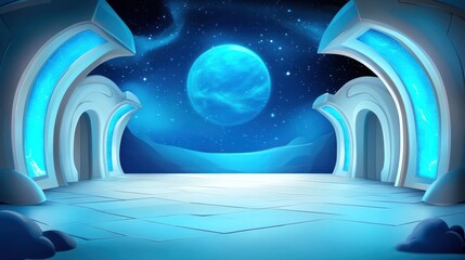 Wall Mural - Futuristic doorway platform overlooking vast planet in a spacey, starry, blue galaxy background