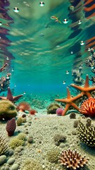 Poster - A colorful underwater scene with many different types of sea creatures. The background is a bright blue color