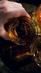 Poster - Detail of man hand holding whiskey drink. Freeze motion of drink preparation.