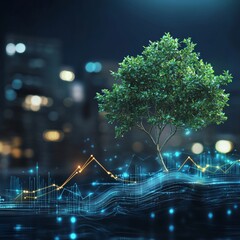 Poster - Digital Tree Symbolizing Growth and Innovation in Urban Finance Landscape at Night