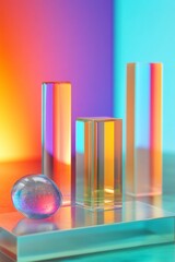 Poster - Colorful Geometric Glass Objects with Creative Light Reflections on an Abstract Background