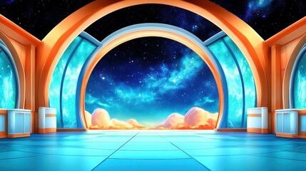 Wall Mural - Futuristic room overlooks a vast, glowing space vista with cloud formations and a celestial background