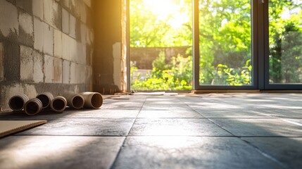 Poster - sunlit room with unfinished flooring and rolled materials, overlooking a vibrant garden outside