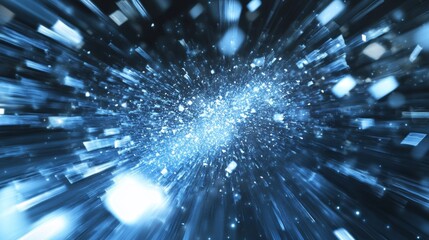 Poster - dynamic abstract background of glowing blue particles in motion creating a cosmic burst effect