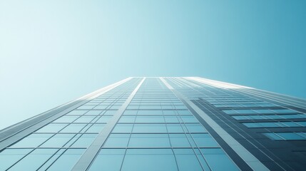 Poster - Modern Skyscraper Reaching Towards Clear Blue Sky With Glass Facade In Urban Cityscape