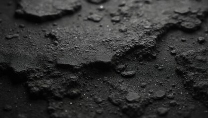 Poster - Macro of dark, rough stone texture background. Black rock surface, coal material. Abstract grungy pattern for backdrop, banner, wallpaper, or 3d rendering. Dark natural concept with copyspace.
