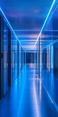 Poster - Futuristic Corridor with Blue Neon Lights and Reflective Surfaces in Modern Architecture