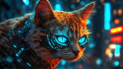 Poster - Futuristic cat with glowing eyes, cyberpunk city backdrop