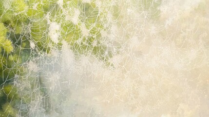 Close-up of a spiderweb with dew, blurry background.