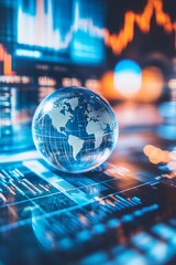 Poster - A glass globe representing global business sits atop a digital financial chart. The image illustrates analytics, data trends, and market growth.