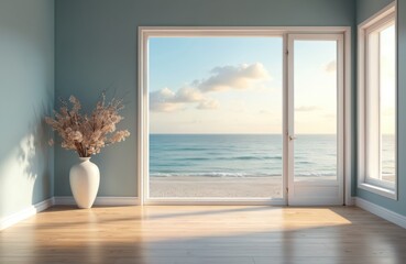 Poster - Bright empty room with wooden floor, blue wall and vase. Sea view from windows. Clean interior with copyspace. Modern apartment design for vacation, hotel booking, product presentation.