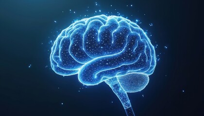 Aufkleber - Glowing brain made of lines, stars, triangles on dark blue background. It represents study of brain, AI development, neurology, intellect. Low poly wireframe three-dimensional concept.