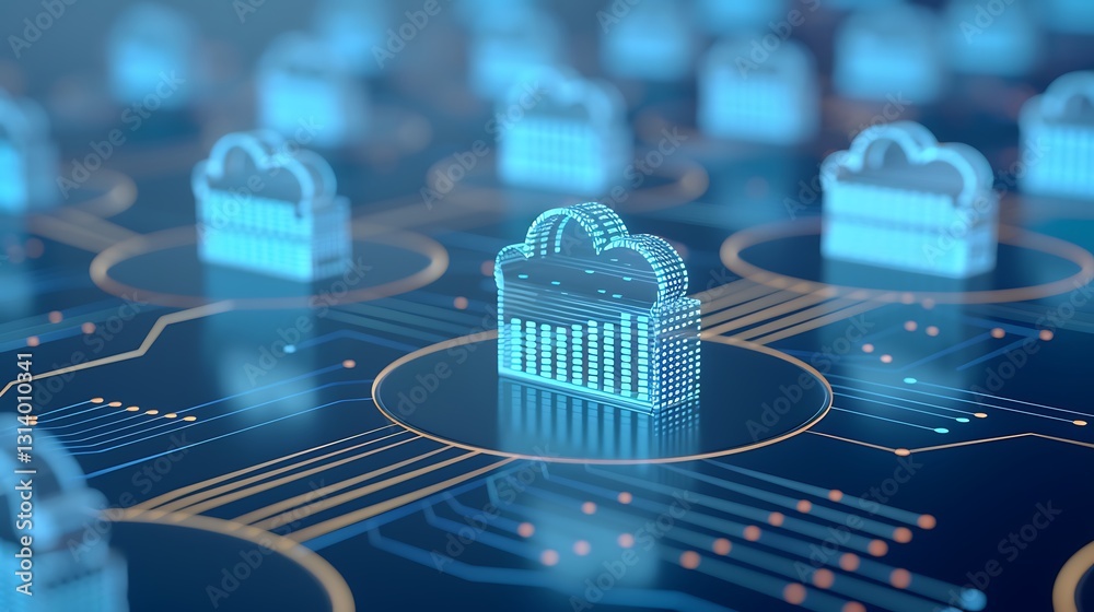 Abstract Digital Cloud Technology Concept with Data Visualization and Network Connections in Futuristic Style