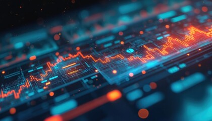 Aufkleber - Big data analytics, business intelligence concept. Futuristic red, blue interface background with glowing charts, graphs. Financial data analysis for investment strategy, marketing, cyberspace,