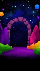 Wall Mural - Gateway Purple archway into starry galaxy beyond, amidst fantasy alien landscape with vibrant plants