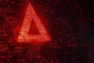 Poster - This visually striking image features a glowing red triangle warning sign set against a backdrop of binary code, symbolizing digital alerts and technology risks.