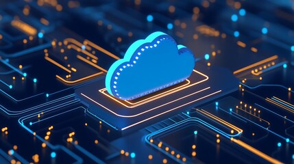 Poster - blue cloud icon on circuit board with glowing lines representing digital technology and cloud comput