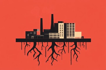 Poster - Abstract illustration of an urban skyline with deep roots, set against a vibrant orange background. The image represents the connection between industry and nature.