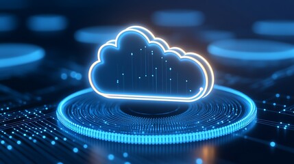 Poster - blue cloud icon on digital network background with illuminated points and circular patterns
