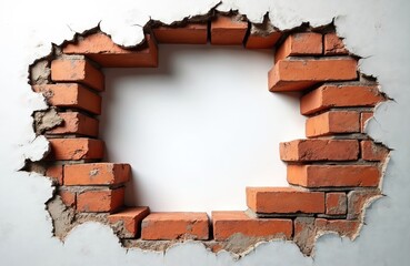 Aufkleber - Hole in brick wall on white background. Fractured wall, gap with empty space. Construction repair concept, renovation design element, modern minimalist style background with space for text.