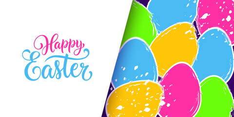 Poster - Happy Easter. Bright colored brush stroke Easter Eggs and hand lettering. Festive graphic design for Easter greetings and party invitations. Vector illustration.