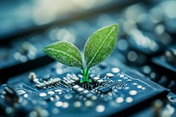 Poster - New Plant Growing on Circuit Board Symbolizing Technology and Nature Integration