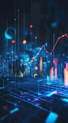 Poster - futuristic city skyline with data visualization elements and digital graphs at night