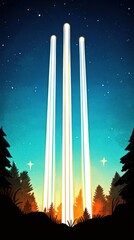 Wall Mural - Glowing beams rise above forest trees under starry night sky, illustration