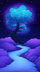 Wall Mural - Glowing blue tree over purple clouds, reflecting river, under starry night sky backdrop