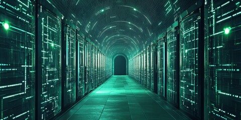 Poster - explore a high-tech data center featuring illuminated server racks and a futuristic design. the glow