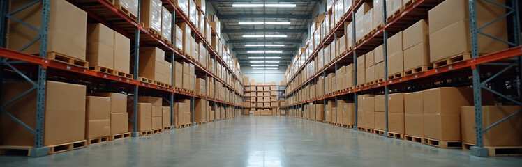 Aufkleber - Large warehouse interior features shelves filled with cardboard boxes stacked high on pallets, efficient storage, logistics. Organized system. Retail delivery, shipping, distribution workspace for