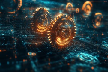 Poster - a visually striking representation of futuristic gears rotating within a digital landscape, showcasi