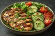 © Rangga Bimantara - Grilled Chicken Breast Salad with Greens, Tomatoes, and Cucumber on Dark Background