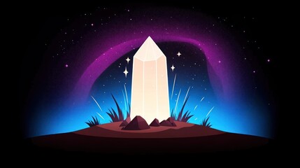 Wall Mural - Glowing crystal emerging from ground under starlit sky with ethereal arc on dark, cosmic background