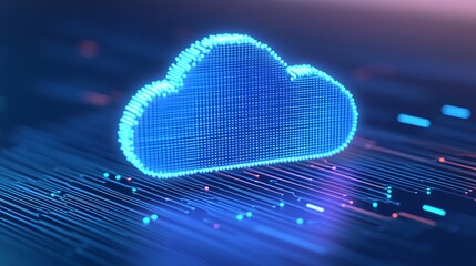 Poster - blue digital cloud icon with glowing dots and data flowing in the background for technology concepts