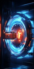 Poster - A futuristic looking door with a glowing blue light. The door is surrounded by a blue and orange glow