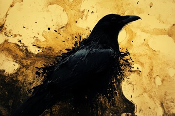 Poster - This captivating artwork features a raven silhouette emerging from an abstract composition of gold and black hues, evoking mystery and elegance.