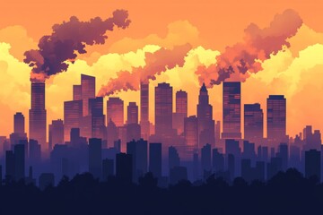 Poster - A vibrant urban skyline at sunset, featuring silhouetted buildings against a backdrop of dramatic smoke and warm colors, representing industrial impact and environmental themes.