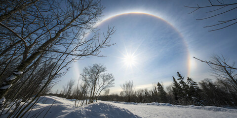 sun halo phenomenon in a clear arctic sky