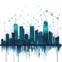 Poster - A city skyline is shown in a blue and white color scheme. The city is filled with tall buildings and a network of lines connecting them. Concept of urban life and connectivity