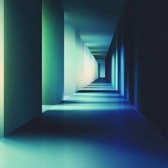 Poster - A long, narrow hallway with a blue color theme. The walls are white and the floor is also white. The hallway is empty and has a very clean and minimalist look
