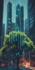 Poster - A mesmerizing blend of vibrant urban architecture and a lush green tree, showcasing futuristic technology elements that illuminate the cityscape.