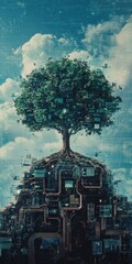 Poster - A stunning artwork depicting a tree intertwined with technology, showcasing the balance between nature and innovation under a bright sky.