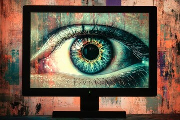 Poster - A mesmerizing close-up of an eye displayed on a screen, showcasing vibrant colors and intricate details, set against an abstract backdrop that enhances its allure.